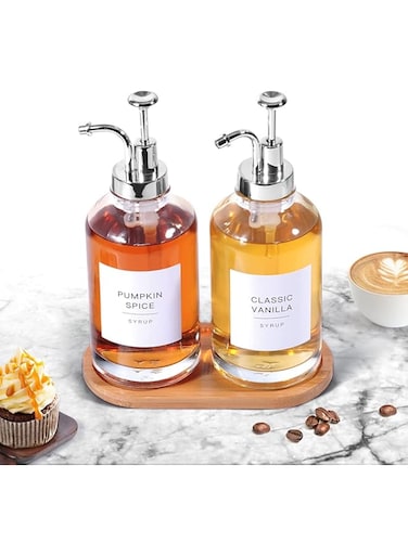 Coffee Syrup Dispenser for Coffee Bar Accessories,16.9oz 500ml Glass Syrup Bottles w Labels and Funnel,Set of 2 (Silver)