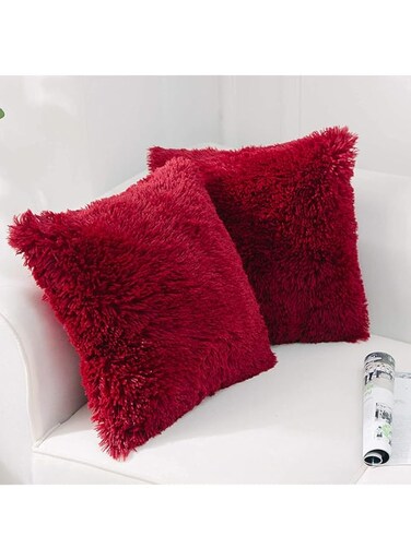 Benting Set of 2 Home Decorative Luxury Super Soft Style Artificial Fur Throw Pillow Case Cushion Cover Fluffy Double Side for Sofa/Bed, Red, 18x18 Inch
