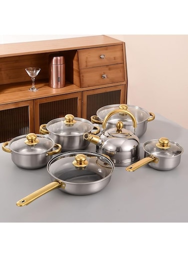 VAODO 12 Piece Stainless Steel Cookware Set, Pots and Pans Set with Non-Stick Frying Pan, Milk Pot, Kettle, Multiple Sizes Stockpot, for All Cooktops, Gold