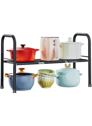 U-HOOME Expandable Kitchen Cabinet Shelf Organizers, Stackable Metal Pantry Storage Shelves Rack, Adjustable Counter Shelf for Cabinets, Countertop, Cupboard Organizers and Storage, Black (One Layer)