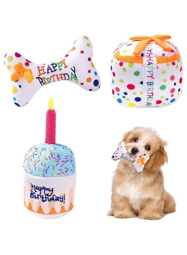 Parlberd 3Pcs Birthday Gifts for Dogs, Dog Squeaky Toys, Plush Pet Birthday Toys Birthday Theme Puppy Toys for Dogs Birthday Party Gifts