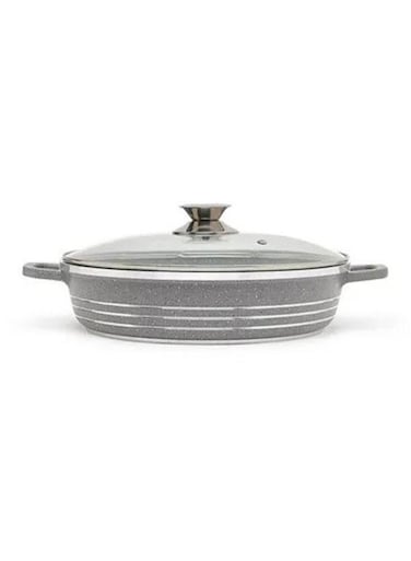 Ceramic Non Stick Shallow Cooking Pot With Glass Lid 32cm Grey