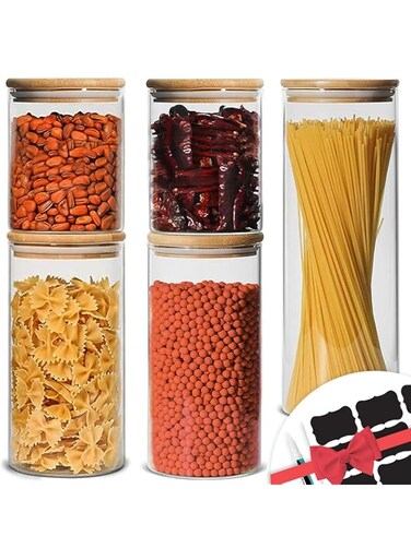 AMROAH 5 pcs Round Glass Storage Jar with Bamboo Lids 600 900 1200 ml, Glass Clear Stackable Containers Kitchen Canisters with Airtight Lid Storages Food Tea Coffee Sugar Salt Spices Pasts Beans