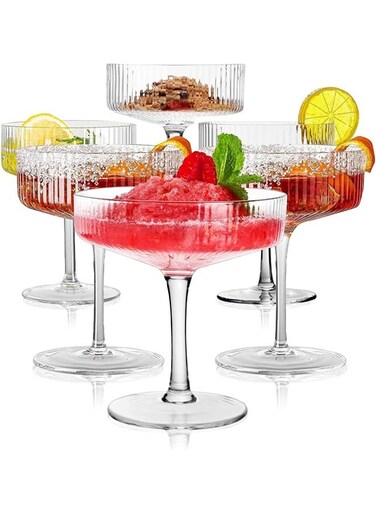 Ribbed Coupe Glasses, 6 Pcs 10 oz Vintage Cocktail Coupe Glasses Set, Unique Martini Glass, Classic Cocktail Galssware, Bar Drinking Glasses Set Pefect for Cocktail, Wine, Champagne &amp; Gift