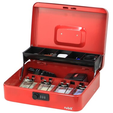 Rubik X-Large Cash Box with Combination Lock Money Tray Coin Slot Tray Steel Register For Business, Durable Portable Security Lockable Money Box Safe for Cash Storage (Red)