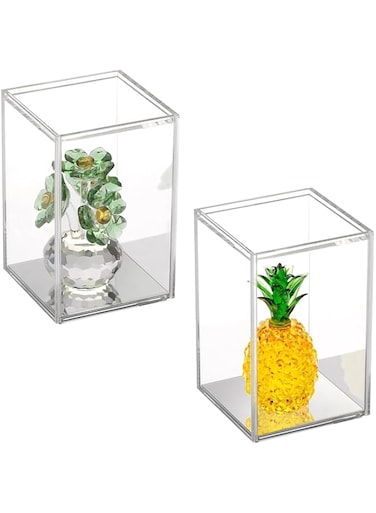 OGANAZI 2 Pack Clear Acrylic Stackable Display Boxes with Sliding Lid and Mirror Bottom, Display Storage Boxes Stand, Transparent Showcase for Action Figures, Characters, Shells, 7.6*7.6*11.8cm