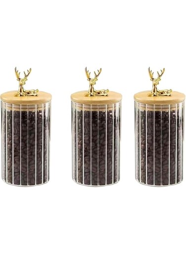 Glass Jars with Deer Bamboo Lids, Home decoration, Food Storage, Kitchen Cabinet Organizers, Glass Food Container, Tea Can, Sugar, Dry fruits, Cereal Beans, Food Jar with Sealing Lid (Pack of 3)