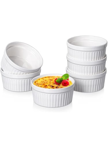 Delling Ramekins 8 Oz Oven Safe/Dessert/Ice cream/Snacks Bowls, Small Ceramic Creme Brulee Dishes for Baking, Souffle, Pudding, White Set of 6