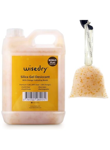 wisedry [ 5 LBS ] Silica Gel Beads Reusable Color Indicating Rechargeable Desiccant Bulk with 10 Pcs Organza Drawstring Bags