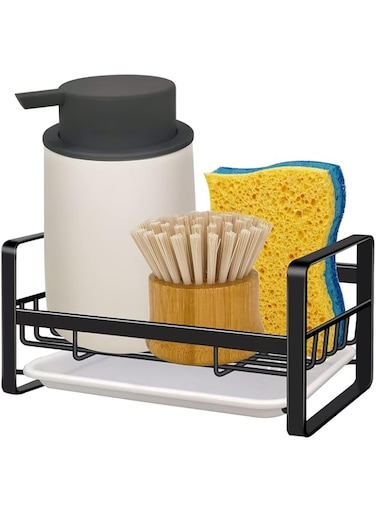 VANTEN Kitchen Sink Caddy Sponge Holder Sink Organizer, Sink Tray Drainer Rack, Soap Dish Dispenser Brush Holder Storage Accessories -Countertop or Adhesive