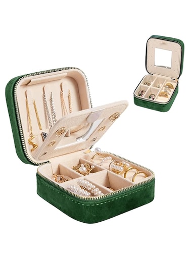 Travel Jewelry Case Jewelry Box,Velvet Small Jewelry Storage Case with Mirror for Girls Women(Green)