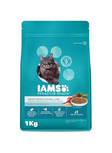 Iams Cat Food, Cat Dry Food Indoor Weight &amp; Hairball Care 1Kg, Cat Food, Nutrition for All Indoor Adult Cats