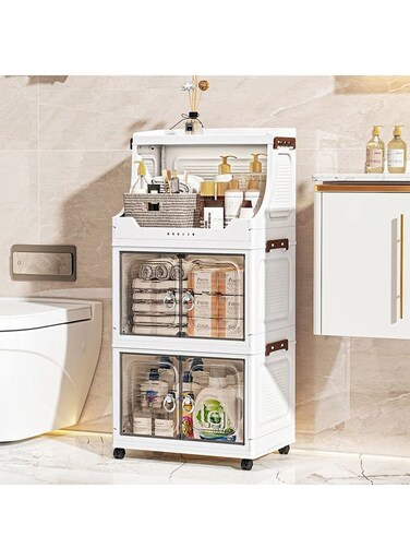 Layer Plastic Storage Cabinet with Transparent Doors and Wheels, Multipurpose Kitchen &amp; Home Organizer, 37x24x66 cm &acirc;&euro;&ldquo; White
