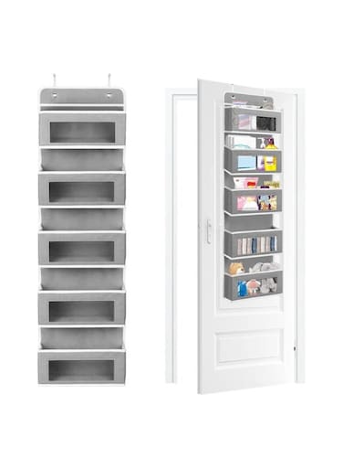the Door Storage Organizer,with 5 Large Pockets,Wall Mount Storage with Clear Windows and 2 Widened Metal Hooks for Pantry,Nursery,Diapers,Bathroom,Kitchen,Closet(33 * 12 * 128)