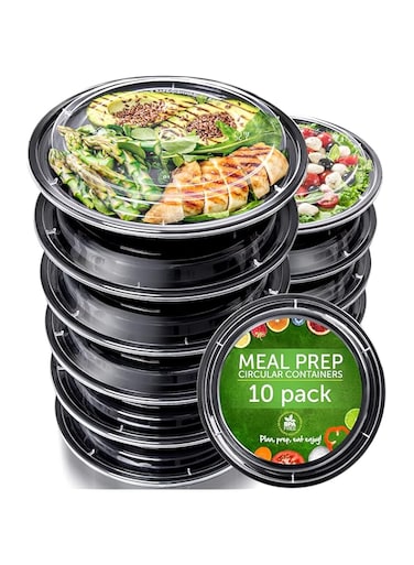 Prep Naturals Reusable Plastic Containers with Lids, 10 Pack, Black, Meal Bowls, Lunch Containers, BPA, PVC and Phthalate Free, Microwave and Freezer Safe