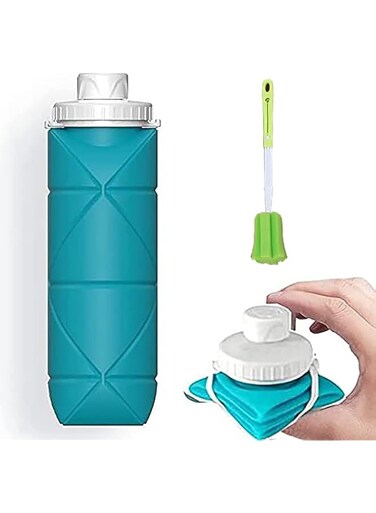 Khazna Collapsible Water Bottle Leakproof Valve 600ML Reuseable BPA Free Silicone Foldable Water Bottle for Gym Camping HikingYoga Travel Sports Lightweight Durable 20 oz (Blue, Cap model)