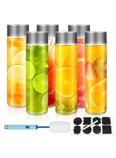 6Pack 16oz Glass Juice Bottles with Silver Lids &acirc;&euro;&ldquo; 500ml Reusable Drink Bottles for Water, Smoothies, Beverages &acirc;&euro;&ldquo; Includes Cleaning Brush &amp; Labels