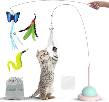 Ownfume . Feather Toys,. Wand Toy with Powerful Suction Cup Detachable,4 PCS Feather Replacements with Bell,Interactive Kitten Sticks for Indoor .s