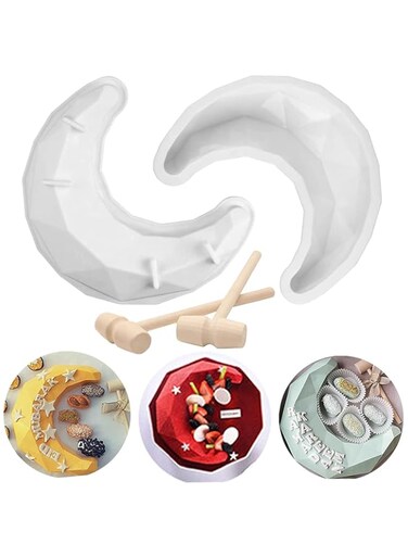 Uualiyye 3D Diamond Moon Shape Silicone Cake Mold Chocolate Mousse Dessert Baking Pan Silicone Fondant Mold with 2 Pcs Wooden Hammers Kitchen Bakeware Tools DIY, Eid Mubarak Ramadan Kareem Cake Mold