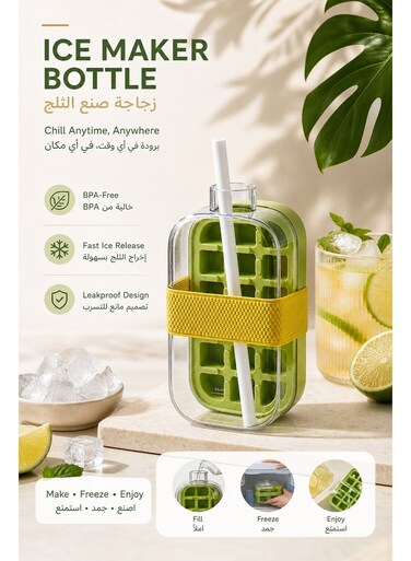 cube tray with Straw Easy Press Ice Tray Water Bottle, Complete with A Built In Straw, Perfect for Travel - 800mL Green