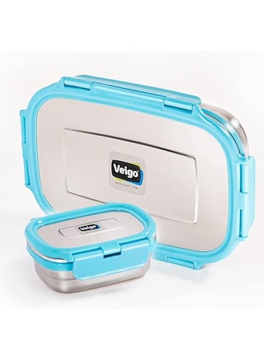 Veigo Rise &amp; Shine   Brand   Jumbo Lunch Box with Small Veg Box   Stainless Steel Lunch Box   Long Life   Air Tight   100% Leak Proof (LIGHT BLUE)
