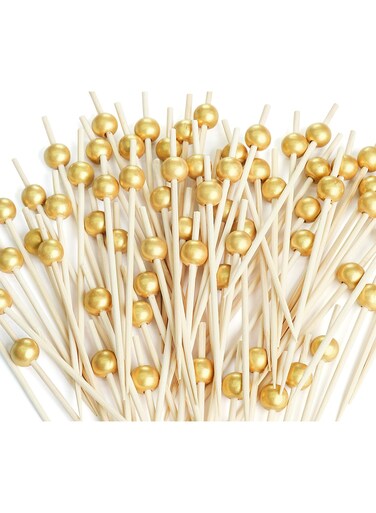 100Pcs Gold-Plated Bead Bamboo Skewers,Disposable Eco-Friendly Cocktail Picks, Party Appetizer Decoration Skewers, Food Sticks For Fruit Platter/Charcuterie Board Accessory/Party Supplies/Beverage Decoration/Weddings and Banquets, 4.7Inch