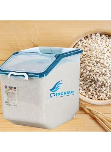 PICCASIO &quot;Large 15kg Rice Storage Container with Airtight Lid, Wheels, and Cup - Perfect for Pet Food, Rice, Grains, and Beans - Cereals Dispenser for Easy Storage