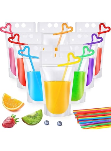 ChicAbode 100 Pack Clear Drink Pouches with Straws Plastic Juice Pouches for Adults and Kids, Disposable Drink Bags Stand up Zipper Drinking Pouches for Smoothie Juice Coffee Tea, Birthday Party Favor