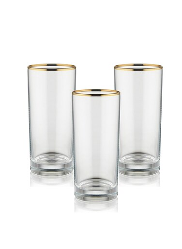 380ML Glass Clear Tall Tumblers, Set of 3 Gold Rim Long Glass Double Old Fashioned Rocks Glass Made In Turkey For Cocktails Water and Juice