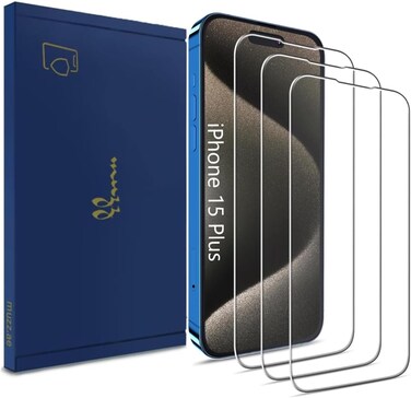 Muzz Clear Screen Protector for IPhone 15 Plus 2.5D HD Tempered Glass, 9H Hardness, 3-Pack (iPhone 15 Plus)