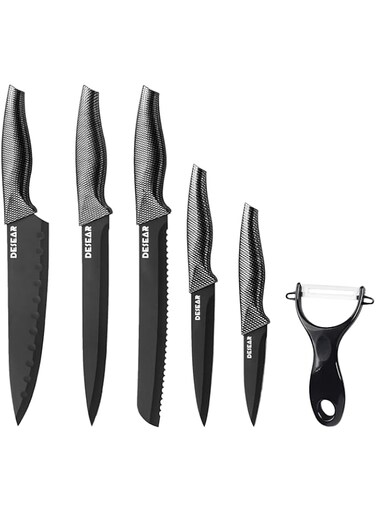 DESEAR 6Pcs Knife Set, Stainless Steel Professional Kitchen Chef Knives set with Vegetable Peeler, Sharp Blades with Safe and Sturdy Handles for Slicing Dicing Chopping Paring Cutting (Black)