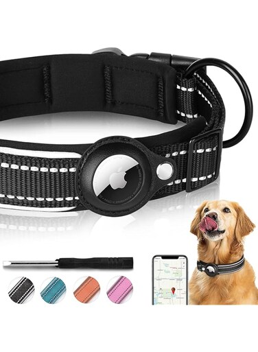 SWR Reflective AirTag Dog Collar, Padded Apple Air Tag Dog Collar, Heavy Duty Dog Collar with AirTag Holder Case, Adjustable Air Tag Accessories Pet Collar for Small Medium Large Dogs (M, BLACK)