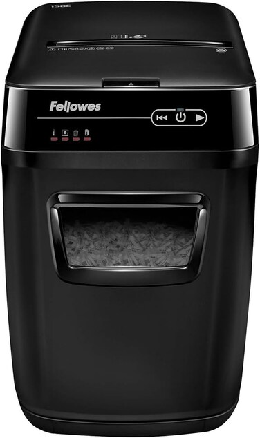 Fellowes AutoMax 150C Automatic Cross-Cut Paper Shredder   P-4 Security   150-Sheet Auto Feed   32L Bin   Black
