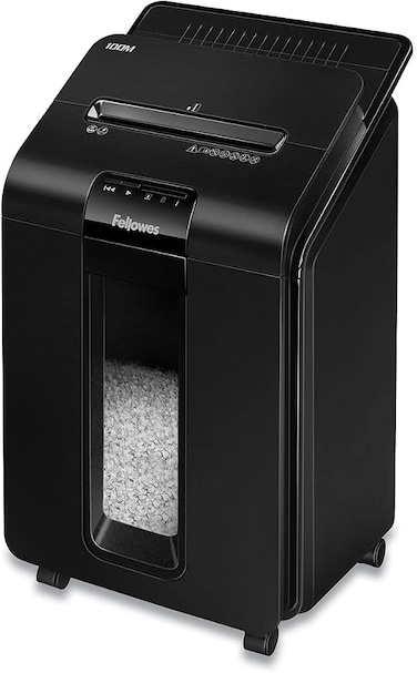 Fellowes AutoMax 100M Micro-Cut Automatic Paper Shredder   P-4 Security   100-Sheet Auto Feed   5 &times; 10 mm Cut   23L Bin   Black