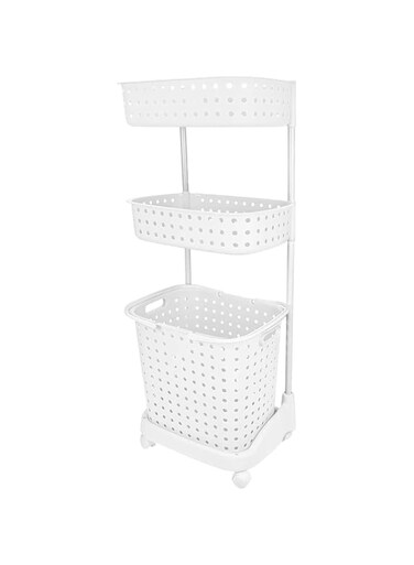 3 Layers Plastic Laundry Basket Rack With Wheels - White