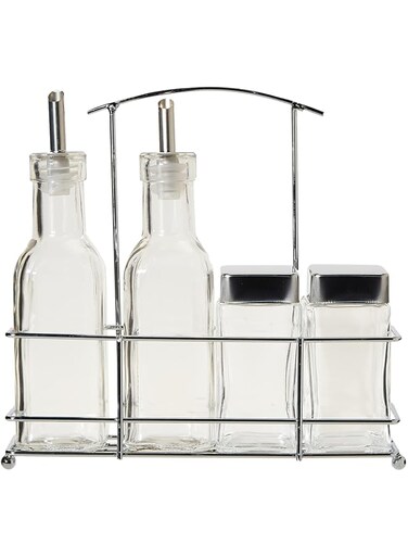 Harmony 2724623296265 83101 4 Pieces Salt Oil and Vinegar Bottle In Metal Rack Set, Clear