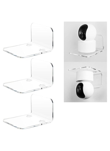Acrylic Floating Wall Shelves Set of 3 for Security Cameras, Baby Monitors, Speakers - Universal Small Wall Shelf with Cable Clips, 10-Piece Strong Tapes, No Drill (Clear)