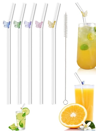 PCS Reusable Straws Clear Glass Straws Colorful Butterfly Design With 1 Cleaning Brush For Smoothies, Milkshakes, Juices, Teas