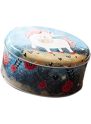 GulfDealz Circle Shape Unicorn With Flowers Portable Collectible Jewelry,Candy,Ointment,Nail,Lipstick,Storage Box - Metal - Blue