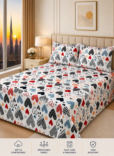 King Size White Multi-Heart Print Bedsheet Set 3PCS &acirc;&euro;&ldquo; 125 GSM Soft Breathable Fabric, Fade Resistant &amp; Durable with 2 Pillow Covers, 220x240 CM