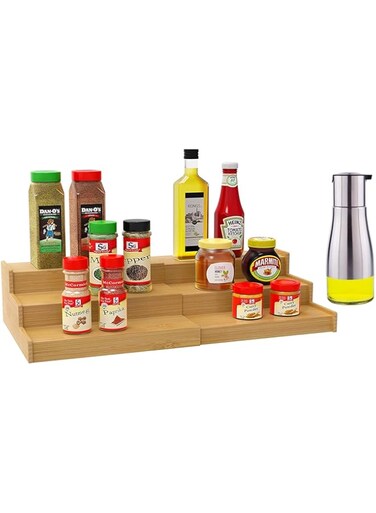 Bamboo Spice Rack Organizer with Oil Dispenser Bottle, 3 Tier Bamboo Expandable Display Shelf, Kitchen Cabinet Organizer for Pantry Cabinet or Countertop