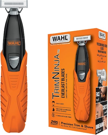 WAHL Trim Ninja Everlast Cordless Trimmer &ndash; Face Safe Wet &amp; Dry Beard Trimmer for Men,Stainless Steel Everlast Blades,60-Min Cordless Runtime,Precision Double-Side Head, 4 Length Guide Combs - 3031009