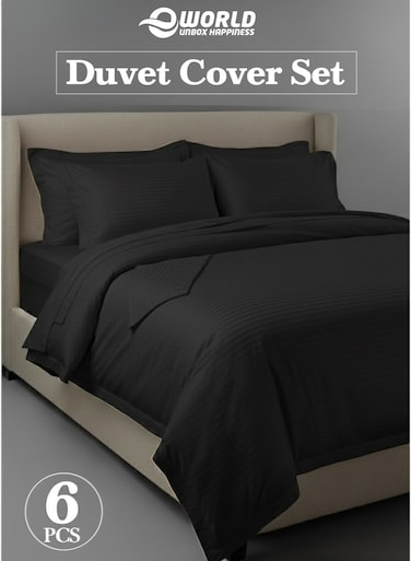 Premium Striped Duvet Set All Season &acirc;&euro;&ldquo; 6-Pieces Set Black   King Size 220x240 cm   Ultra-Soft, Wrinkle-Resistant &amp; Made in Dubai   Includes Duvet Cover, Fitted Sheet (200x200 cm) &amp; 4 Pillowcases (50x70 cm)