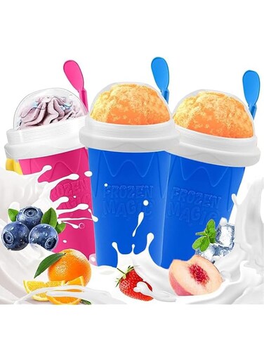 NOAEOU 3 Packs Cooling Slushie Maker Cup, Quick Frozen Smoothies Cup, Double Layer Squeeze Slushy Maker Cup, Homemade Juice Milk Shake Ice Cream Maker DIY (2 Blue and 1 Red, 3 Cups)