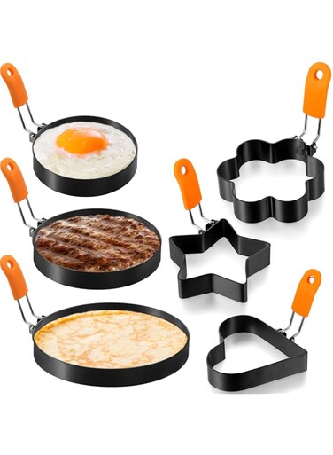 Patelai 6 Pcs Professional Egg Ring Pancake Ring Set Stainless Steel Fried Egg Ring Griddle Pancake Shapers with Silicone Handle for Breakfast Omelette Sandwich(Assorted Style, 3, 3.5, 4, 6, 8 Inch)