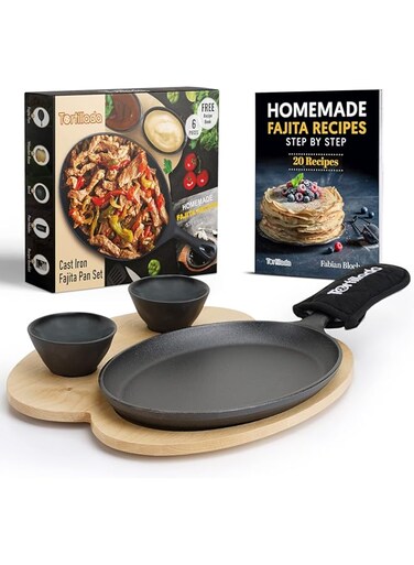 Tortillada &ndash; 30 cm Cast Iron Fajita Pan/Grill Pan Set for Fajitas &ndash; incl. wooden Serving Tray + 2 Ceramic dip bowls