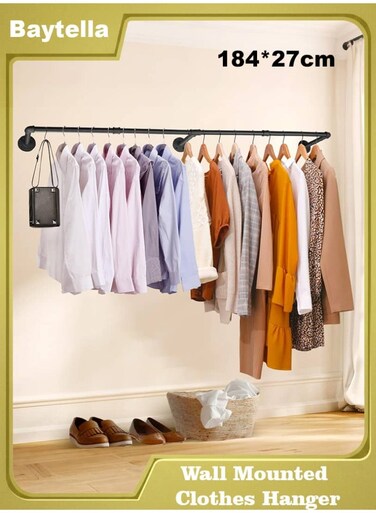 Clothes Rack Wall Mounted, Industrial Pipe Clothes Hanger Rack for Hanging Clothes, Heavy Duty Space-Saving Garment Rack for Closet Storage, 184 &Atilde;&mdash; 27 &Atilde;&mdash; 8.5 CM