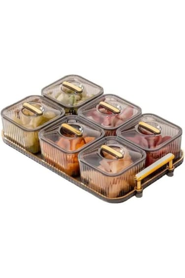 Clear divided snack tray with lid &ndash; 6-piece set for candy, nuts, dips, fruit &amp; more!