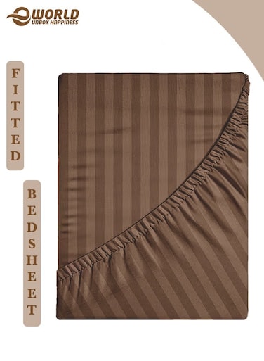 Brown Striped Microfiber Fitted Bedsheet with Deep Pocket for a Snug Fit, Breathable, Machine Washable for Optimal Protection, Available in King, Queen and Single Sizes, Without Pillow Cover