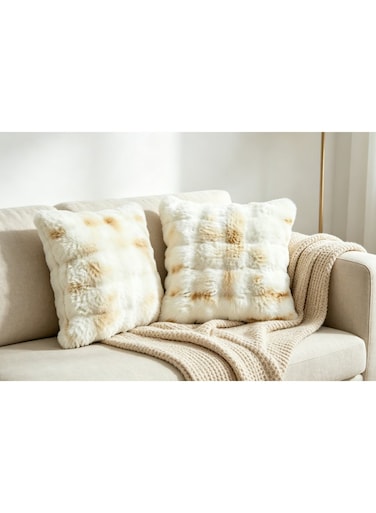 2 Packs Throw Throw Pillow, Decorative 18x18 Inch, Soft Fuzzy Faux Rabbit Fur Pillow with Raised Texture,Neutral Boho Home Decor for Couch Bed Living Room (white with patterns)